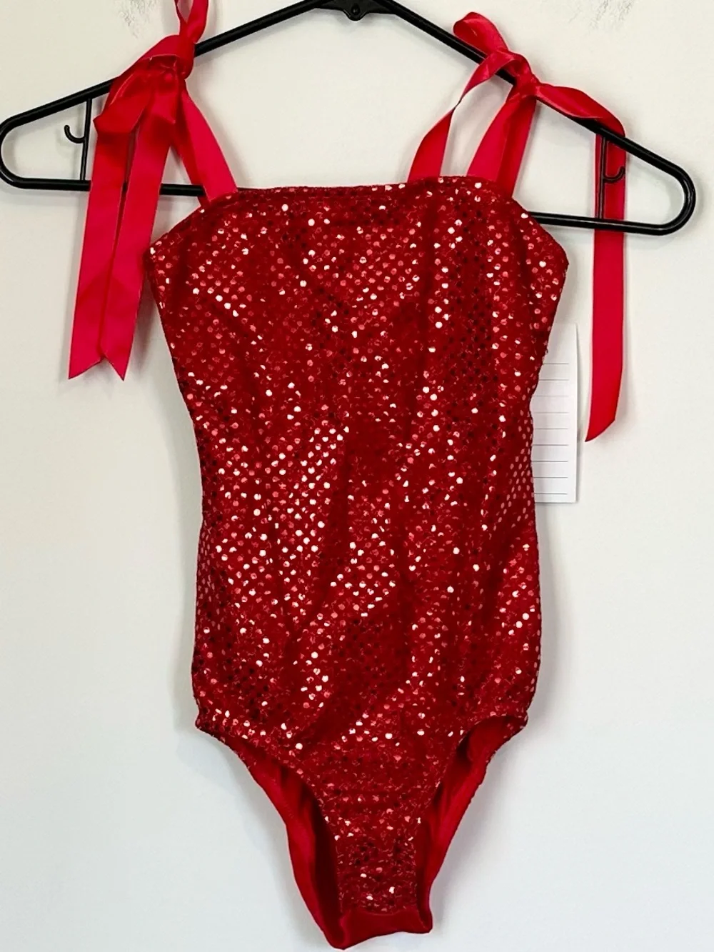 NWT Liberts Kids Red Sequin Dance Leotard with Ribbon Tie Shoulder Straps